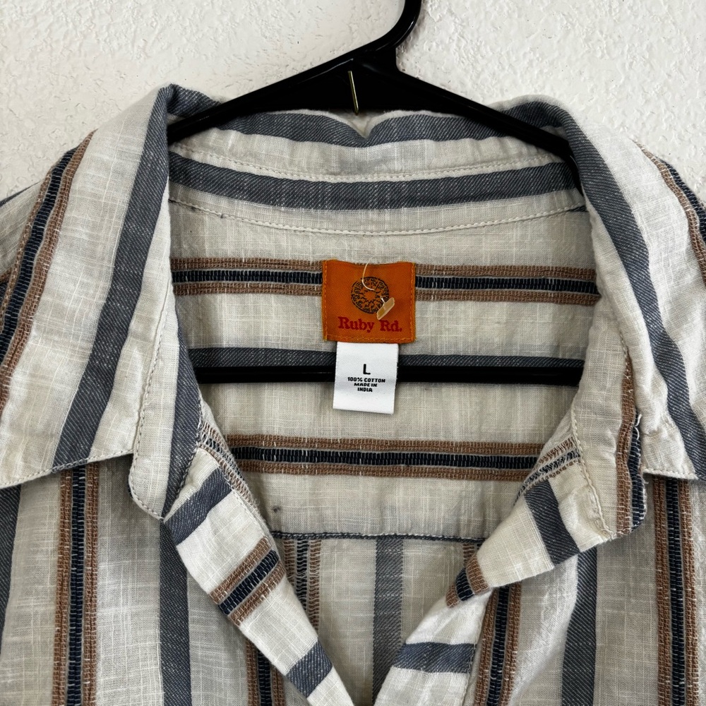 Ruby Rd. Beige, Cream and Gray Striped Blouse with Buttons - Picture 2 of 6